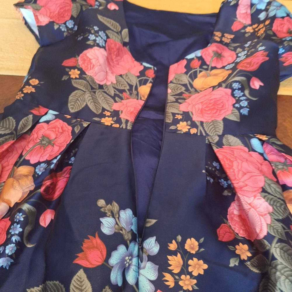 Floral Fit-and-Flare Dress in Navy with Pink Floral Print - Picture 9 of 14